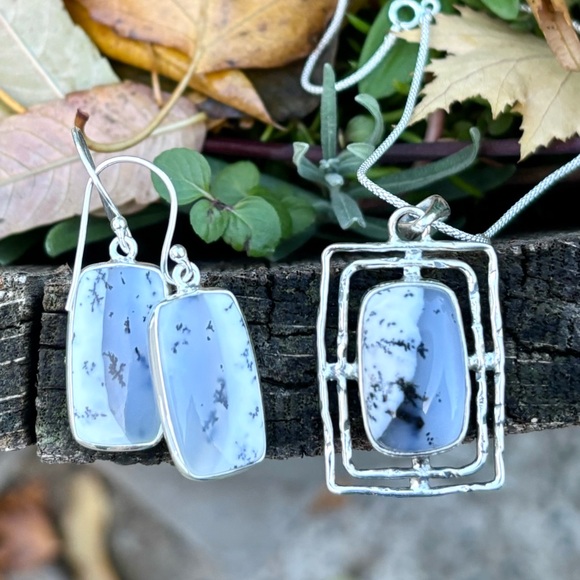 SET! Merlinite Dendritic Opal Necklace & Earrings - Picture 9 of 13